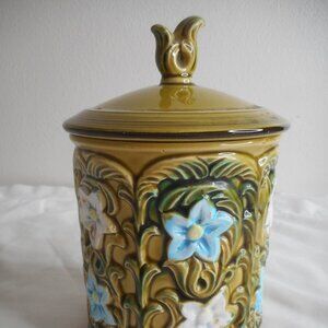Vintage Lefton Blue White Floral Green Canister